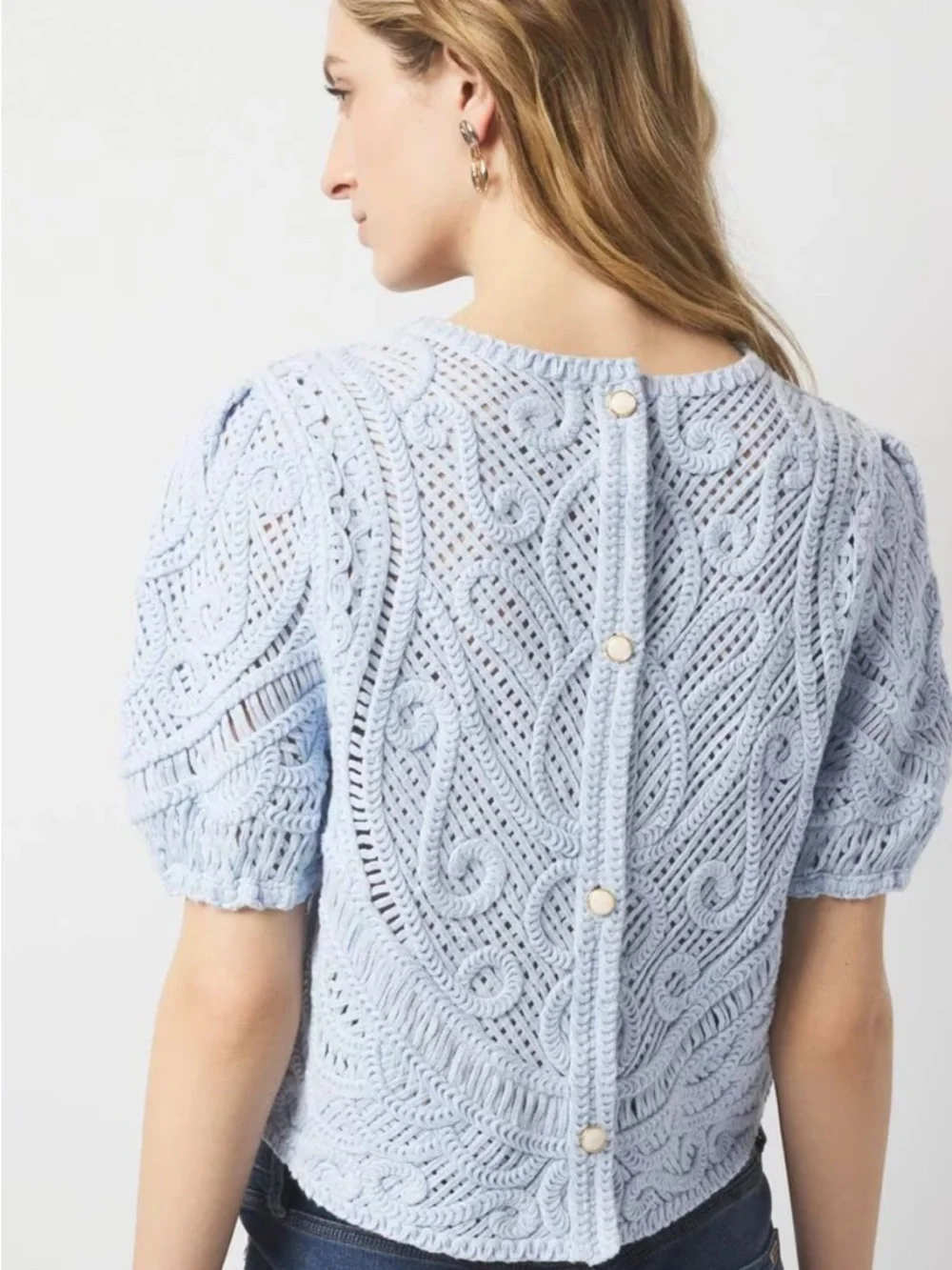 WHBM White House Black Market Blue Crochet Top Puff Sleeve Open Knit Cottagecore - Picture 2 of 14